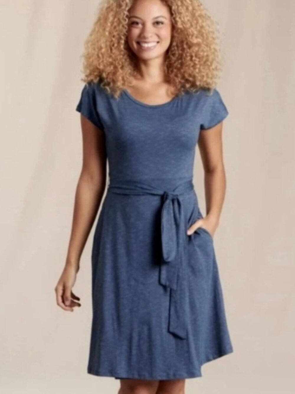Toad&Co Blue Cue Wrap Short Sleeve Dress Pockets Tencel Blend Womens Large L